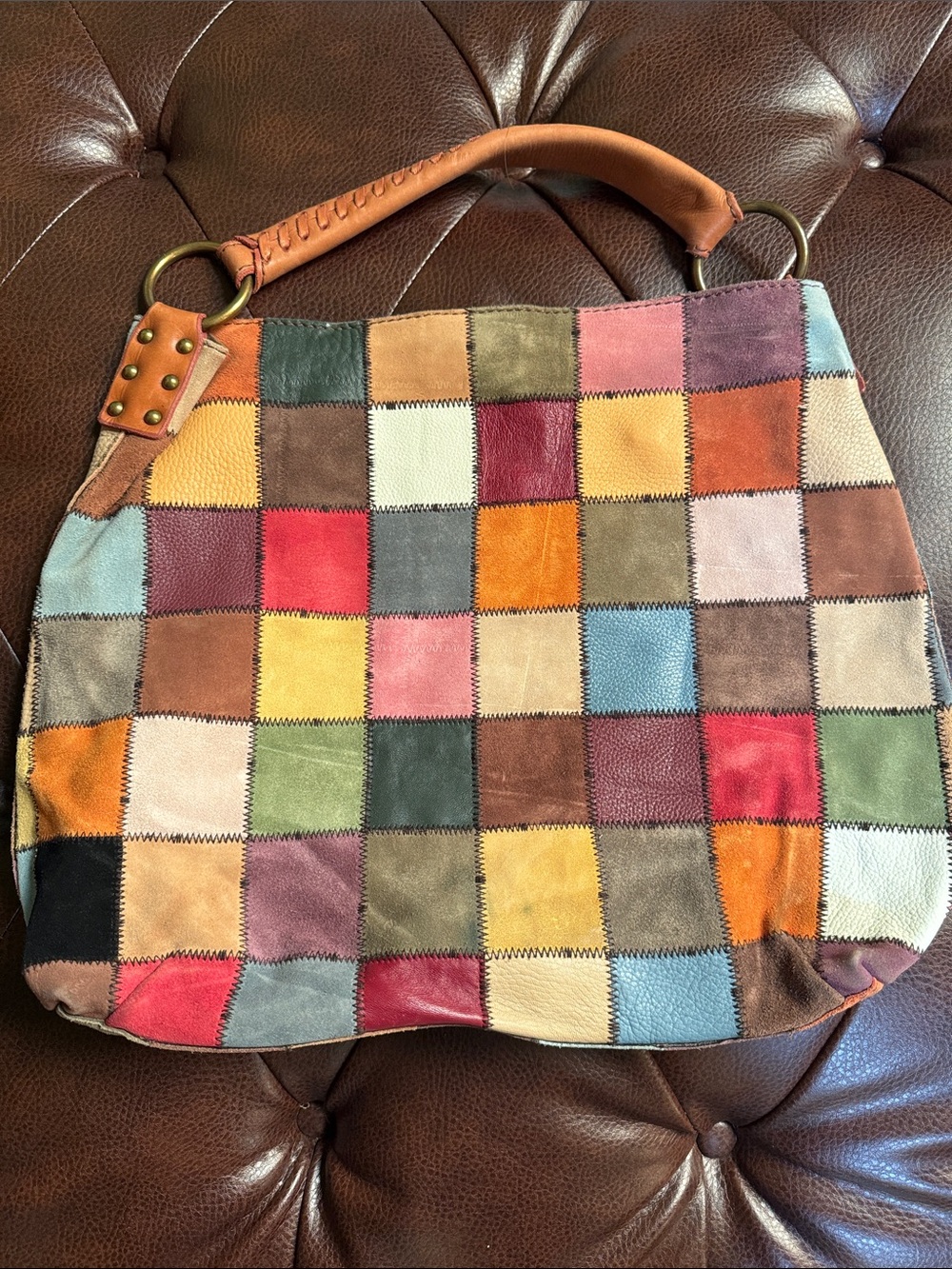 Lucky Brand Multicolor Patchwork Suede Hobo with Tan Leather Handle